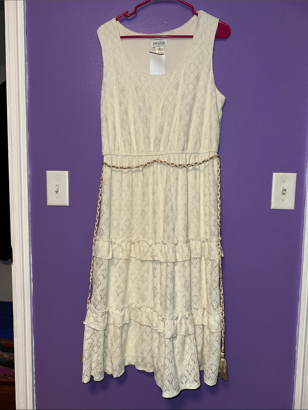 Cream Lace Tiered Maxi Dress with Braided Tassel Belt